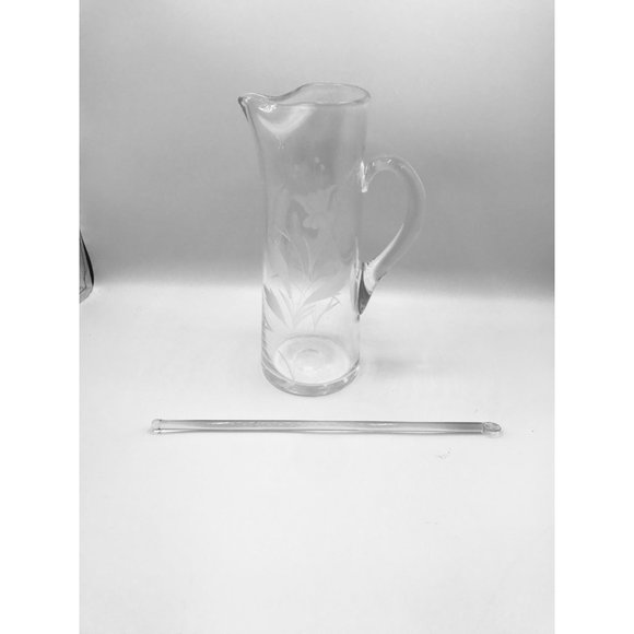 Vintage etched floral and butterflies hand blown cocktail pitcher with mixer. - Picture 5 of 12